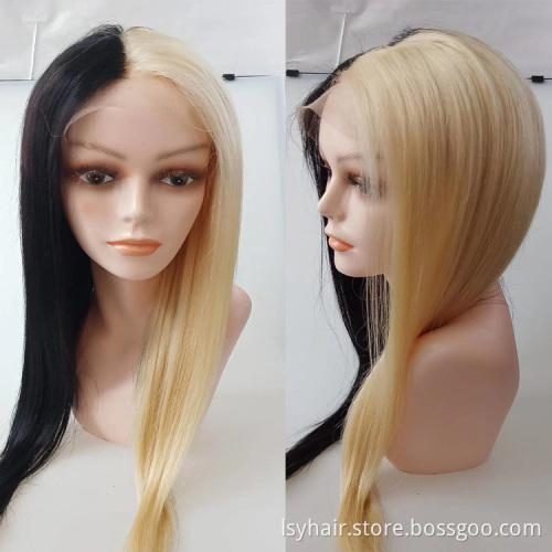 Sexy New Design Half Blonde 613 Half Black Hand Made Human Hair Front Lace Wig  Baby Hair 150% Density  Lace Front Wig For Women